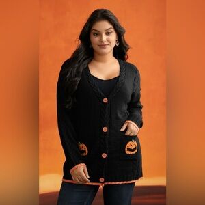 Bloomchic Women’s Black Cardigan Plus Size 26W Pumpkins on Pockets & Orange Trim